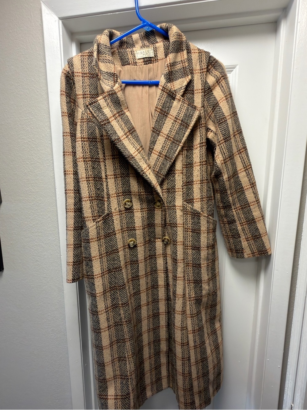 Sage Double-Breasted Plaid Trench Coat - Beige & Brown